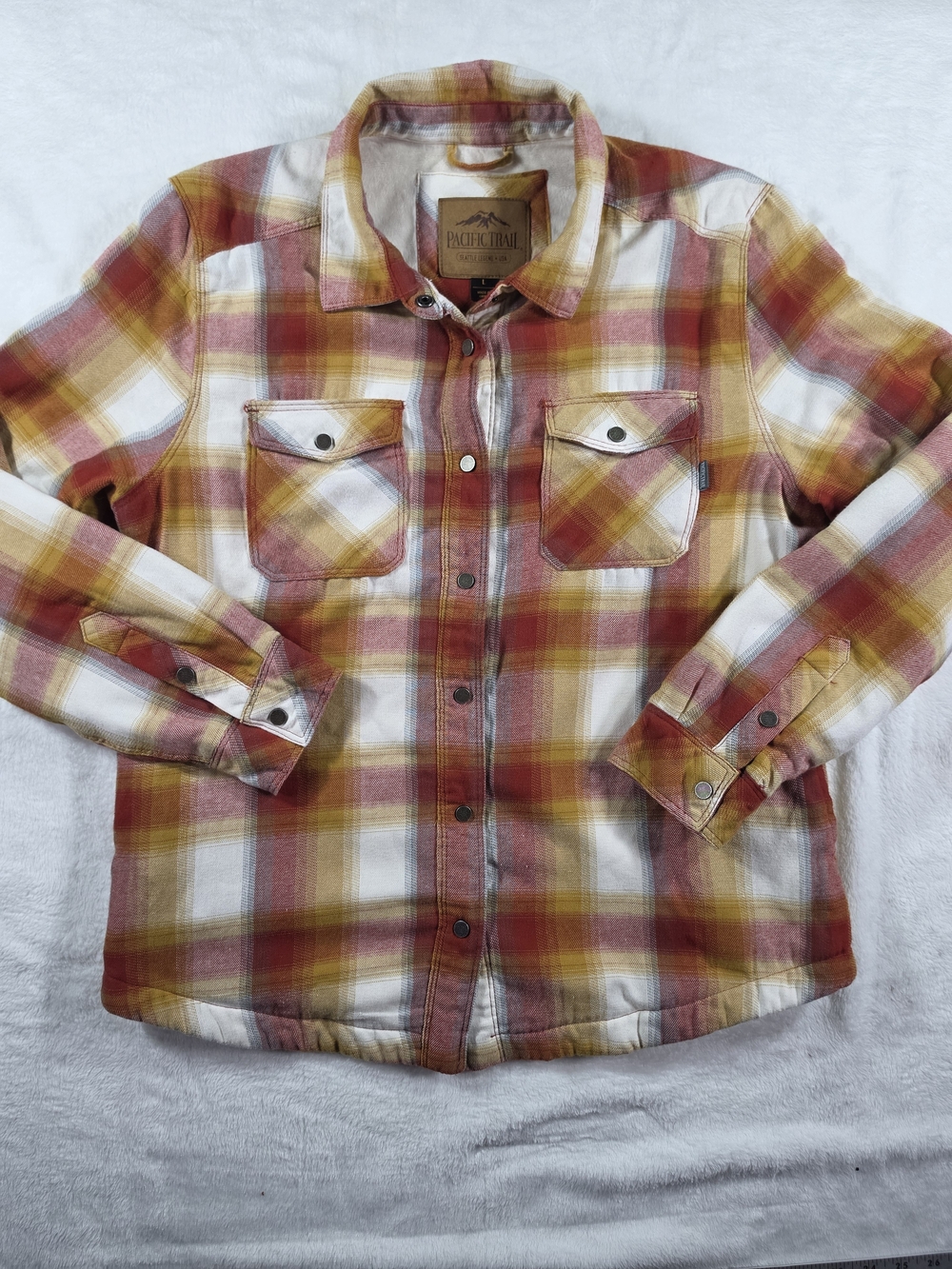 Pacific Trail Womens L Plaid Sherpa Lined Snap Shirt Jacket Shacket Red Orange